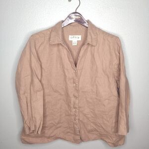 Orvis Women's Linen Top Blouse XL Tan 3/4 Sleeve Lagenlook Minimalist LIQ